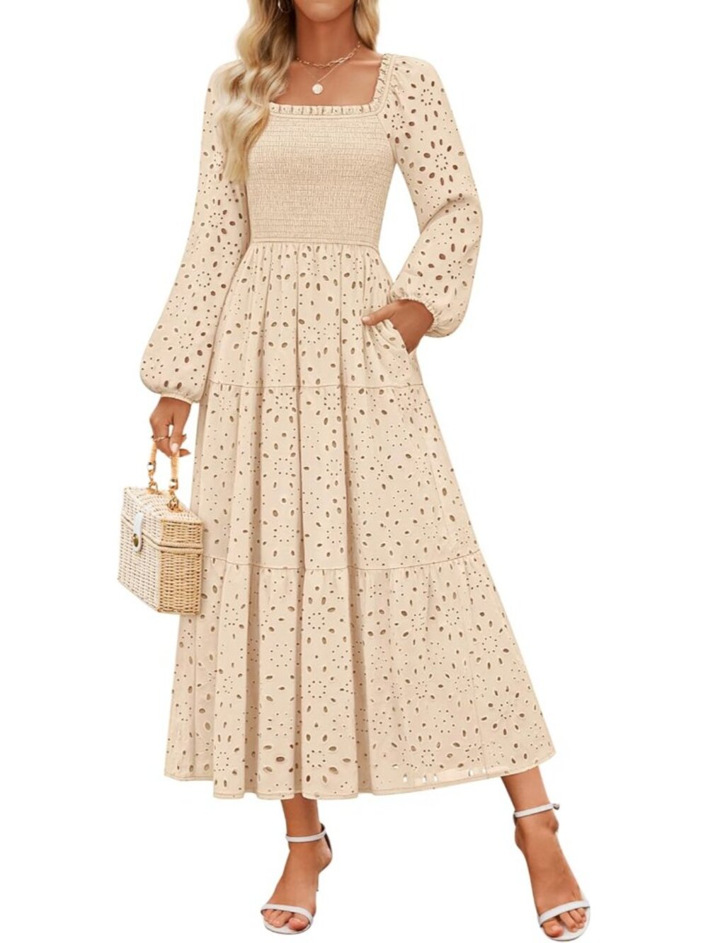 🆕Women's Apricot Long Sleeve Square Neck LINE Mid Waist Pockets Maxi Dress